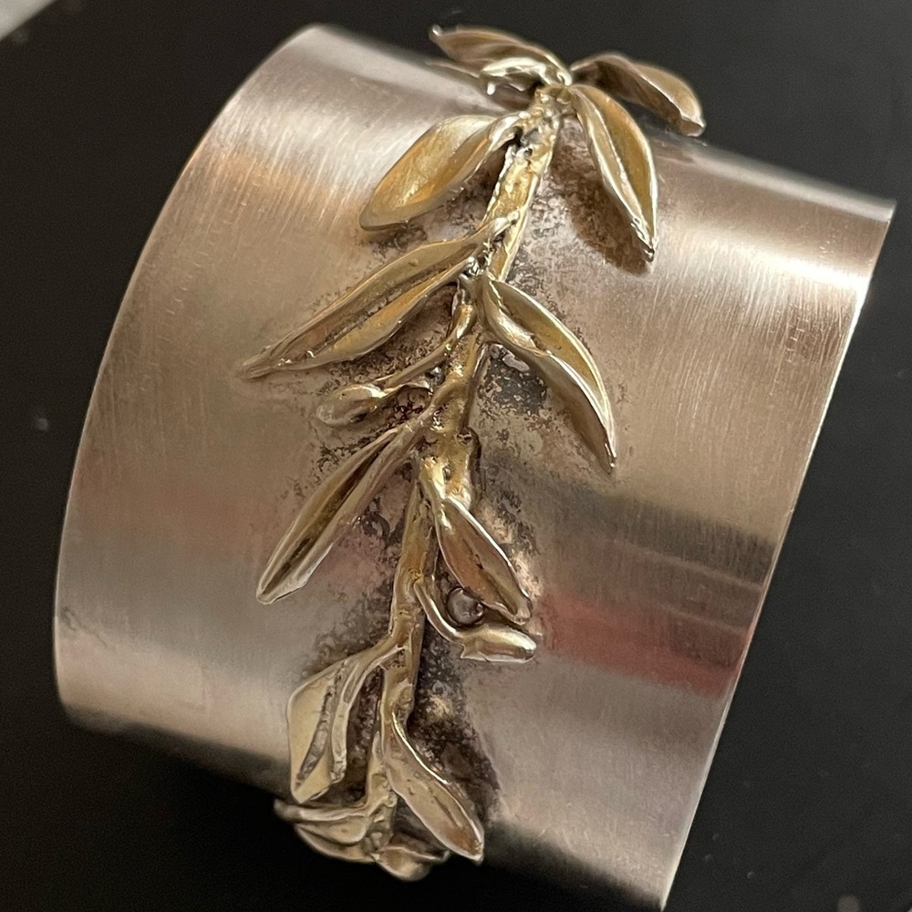 Stylish Silver/ gold Cuff with Gold Leaf Accent Greece
